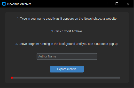 A screenshot of the Newshub Archiver GUI